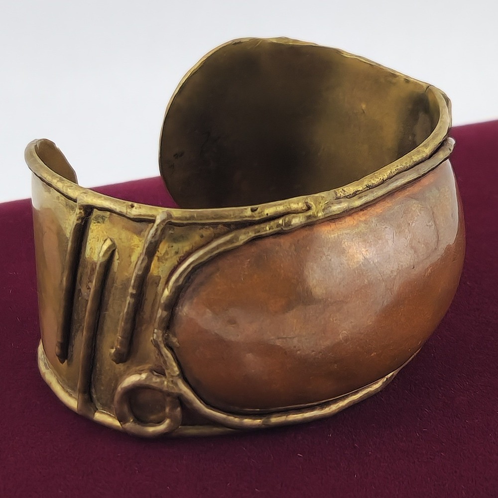 Vintage Brutalist Mixed Metal Repousse Cuff Bracelet Copper Brass Studio Art